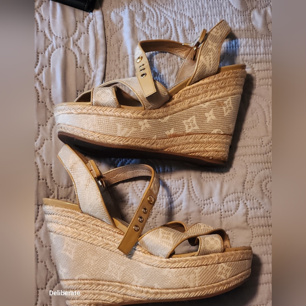 Louis Vuitton Beige Monogram Canvas Espadrille Wedge Sandals